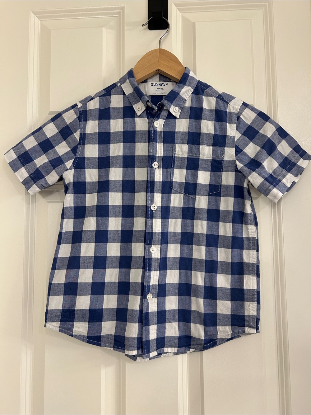 Old Navy Boys Blue White Gingham Short Sleeve Button Down Shirt Size S 6/7